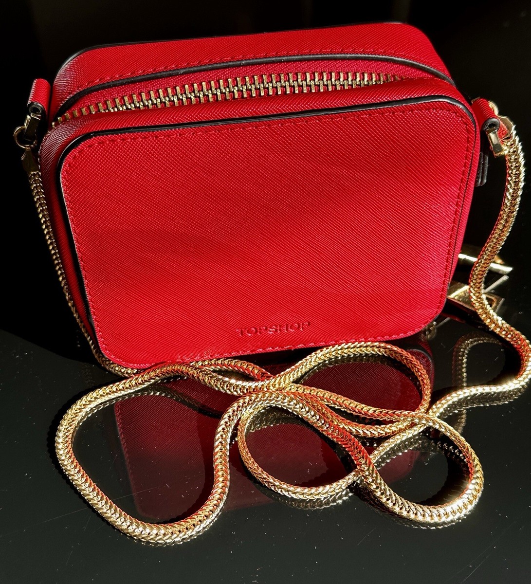 TOPSHOP SMALL SCARLET VEGAN SUEDE/LEATHER CROSSBODY BAG WITH GOLD