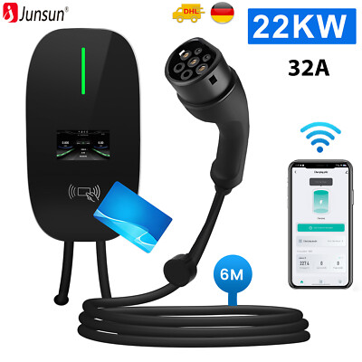 EV Ladegerät Typ 2 6m Ladekabel 22KW 6-32A Wallbox Einstellbarer Strom RFID/APP