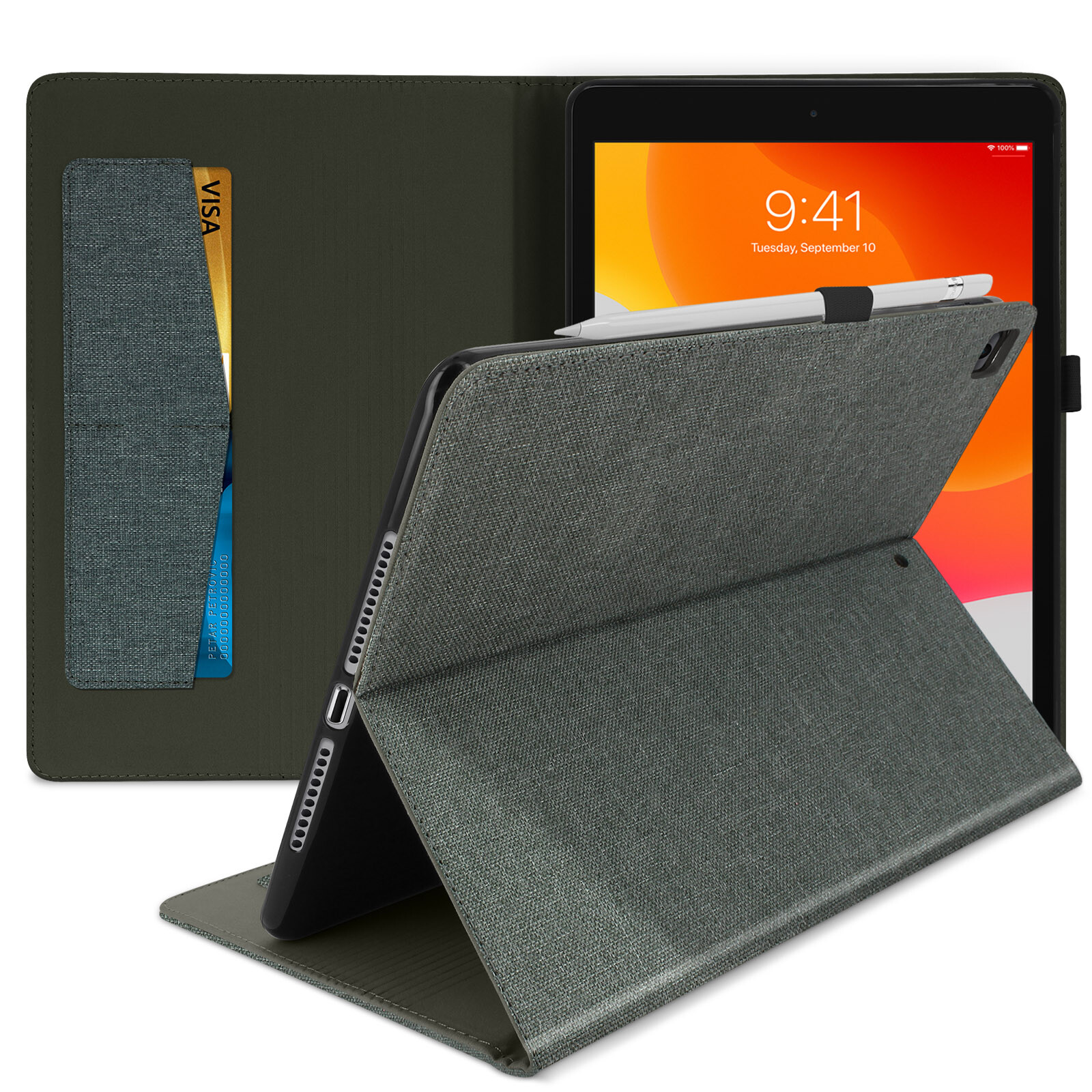 Protective Gray iPad 2019 10.2 Case with Card Storage & Stand Function
