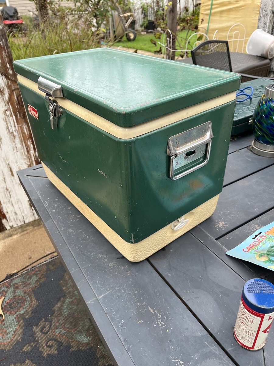 Vintage Coleman Green White Metal Cooler 22.5”13.5”x16” excellent