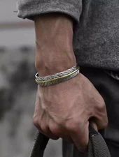 Men's Fashion Jewelry Silver Feather Adjustable Bangle Cuff Bracelet 1-268
