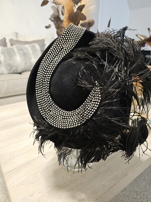 Jack McConnell Black Wool Felt Hat Rhinestones Feathers 
