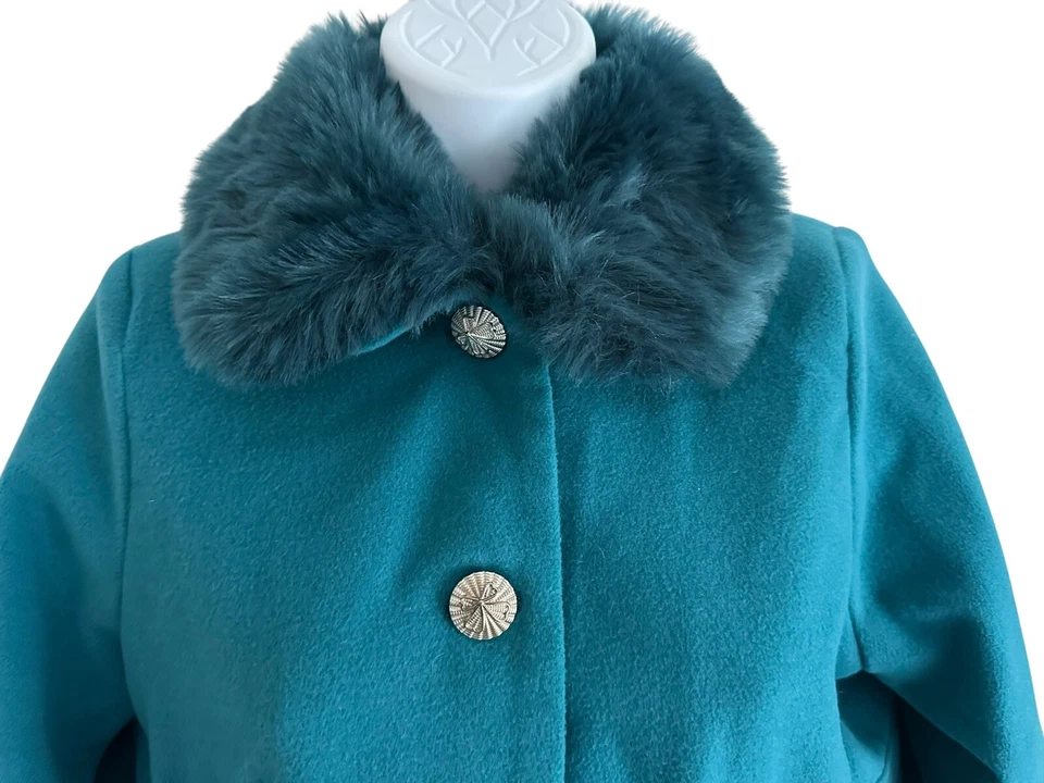 Rothschild Girl Coat Teal Faux Fur Collar Fully Lined Decorative Buttons Bows 16 - Image 4 of 4