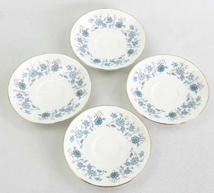 Colclough Braganza 4x Tea Cup Saucers Bone China Blue Floral Vintage