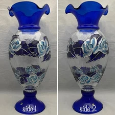 Art Glass Blue Hand Made Floral Vase Signed R&D Made in Thailand 17.5" Tall