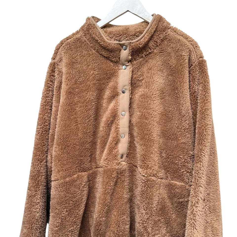 Denim & Co. Fleece Pullover Plus Size 2X Brown Cozy Fuzzy Womens Sherpa Jacket T - Image 2 of 4