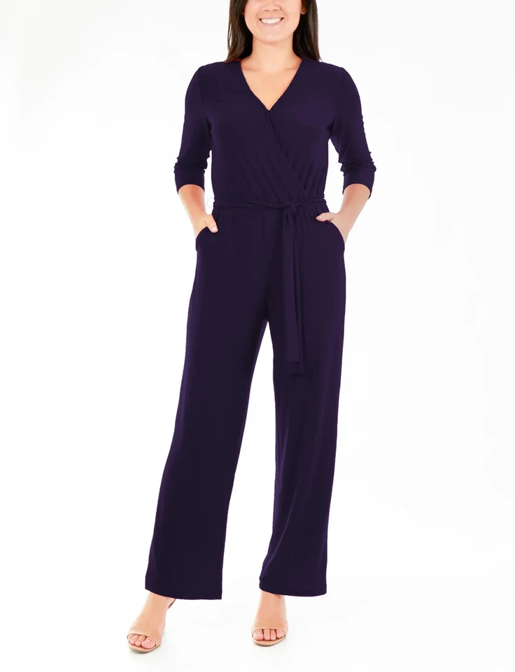 NY Collection Jumpsuit Womens Size Large Petite LP Navy Blue Belted New - Image 2 of 3