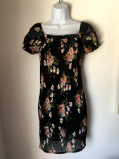 Sexy Revamped Black Floral Print Bodycon Dress Lined  w/ Sheer Sleeves XS