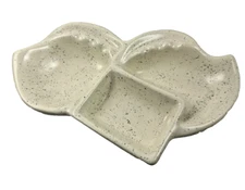 LARGE 3-AREA DIVIDED CREAM & BLUE SPECKED HAND-MADE CERAMIC ASHTRAY POTTERY DISH