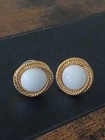 Vintage Napier Gold Tone Textured Rope White Cabochon Round Clip On Earrings — photo 3
