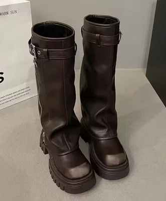 Bottines Femme Plateforme Zippées Chunky Cuir SynthqueMarron Style Gothique Punk - Photo 1/4