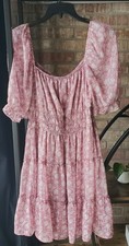 Pink Floral Puff Sleeve Smocked Square Neck Short A-Line Dress Women