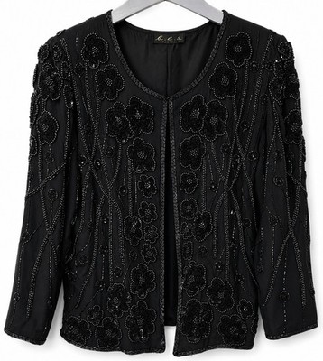 Vintage KuKu Esprit de Soir Schwarz Seide Pailletten Jacke Bolero Gr. S
