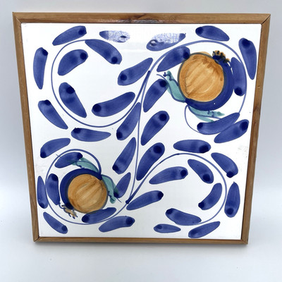 Italienische Zitrone Keramik Wandrelief blau mediterran quadratische Fliese gerahmt
