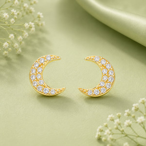 Authentic 925 Sterling Silver Gold Plated Crescent Moon CZ Stud Earrings for Women
