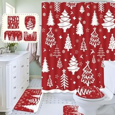 4 Pcs Christmas Bathroom Sets with Christmas Shower Curtain Non Slip Modern-Red