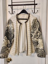 CHICO'S Jacket Women Size 2 US Medium Ivory Gold Wool Metallic Blazer Paisley