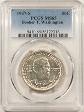 1947-S BOOKER T WASHINGTON COMMEMORATIVE HALF DOLLAR - PCGS MS-65 WHITE, SEMI-PL