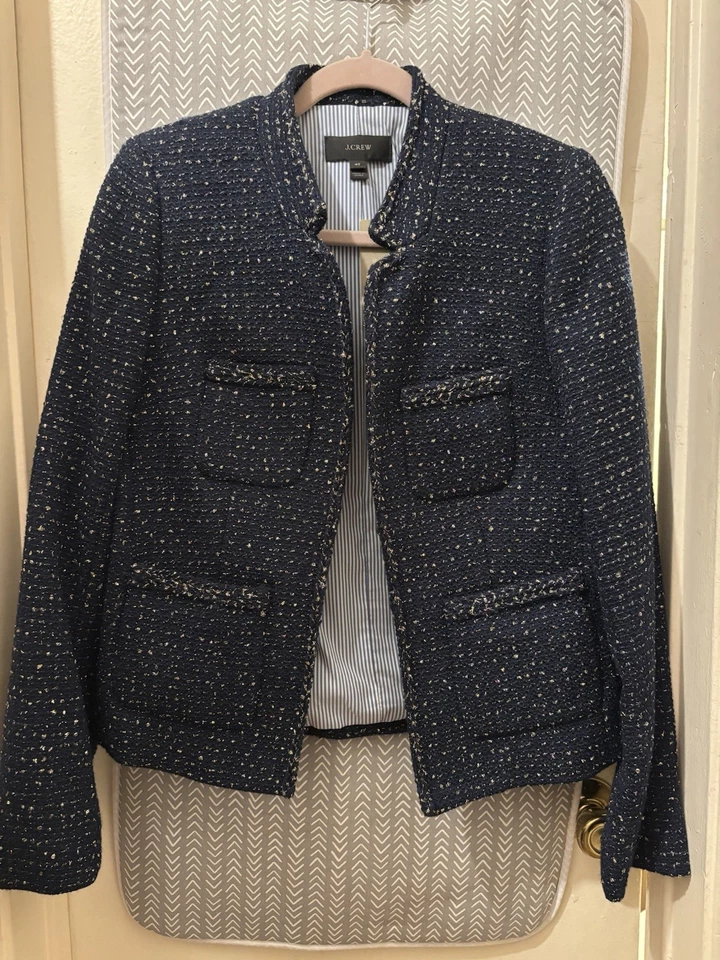 Новый с Ярлыками $198 J. Crew металлический Твид куртка с передними карманами размер высокий 4T темно-синий женщин - Изображение 2 из 4