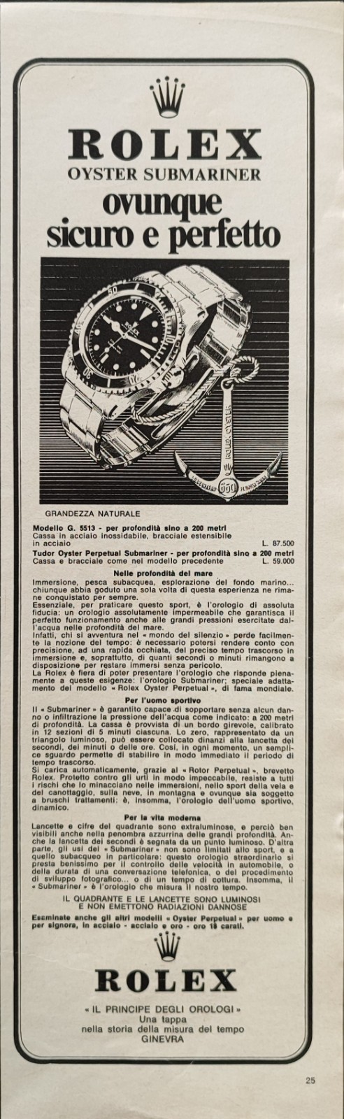 ROLEX Pubblicità 1966 OROLOGIO OYSTER PERPETUAL SUBMARINER 1 pagina originale