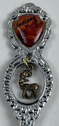 Souvenir Löffel Sammlerstück Indiana Kardinal Schild & Weißschwanz Hirsch Charm selten - Bild 1 von 4