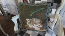 Vintage Aubusson style Needlepoint Pillow Slipcover Mother Dog w Puppies 18"