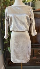Sz 2 Champagne Gold Crush Satin Mini Dress Bloused Elbow Sleeves Club Party Bar