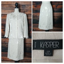 Kasper Two Piece Skirt Suit 12 Petite Cream Jacquard Pencil Blazer