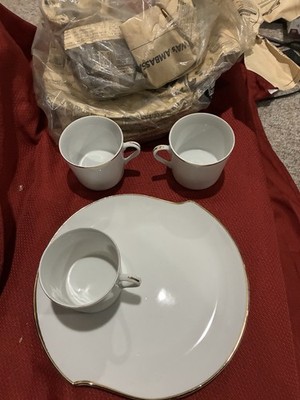 6 White Gold Trim Cup and Snack Tray Hostess sets made in Japan Vintage