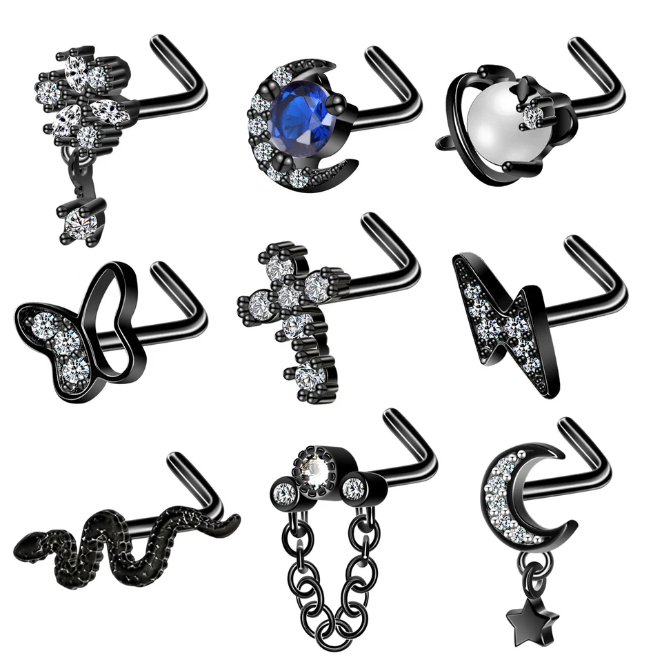 8-9PCS L Bend Nose Stud Surgical Steel L CZ Gems Septum Nose Rings Piercing 20g - Image 2 of 4