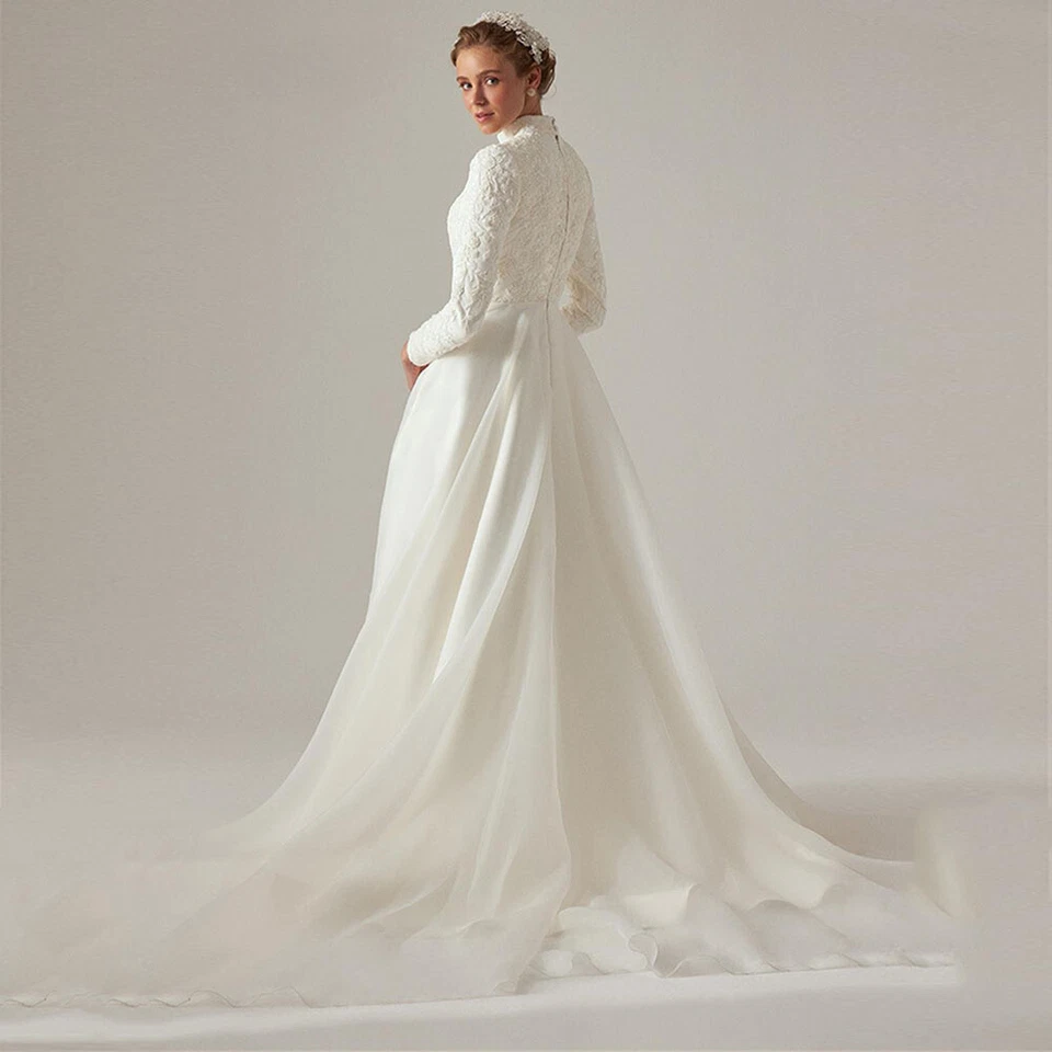 Elegante Vestidos de Novia Musulmanes Cuello Alto Mangas Largas Apliques de Satén Vestido de Novia Foto 2 de 4