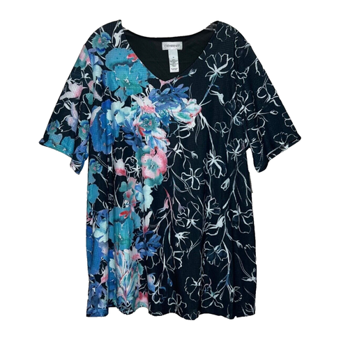 Catherines Women's Floral Tunic Top 1X Blue Black Rhinestone Lined Short Sleeve - 第 1/14 張圖片
