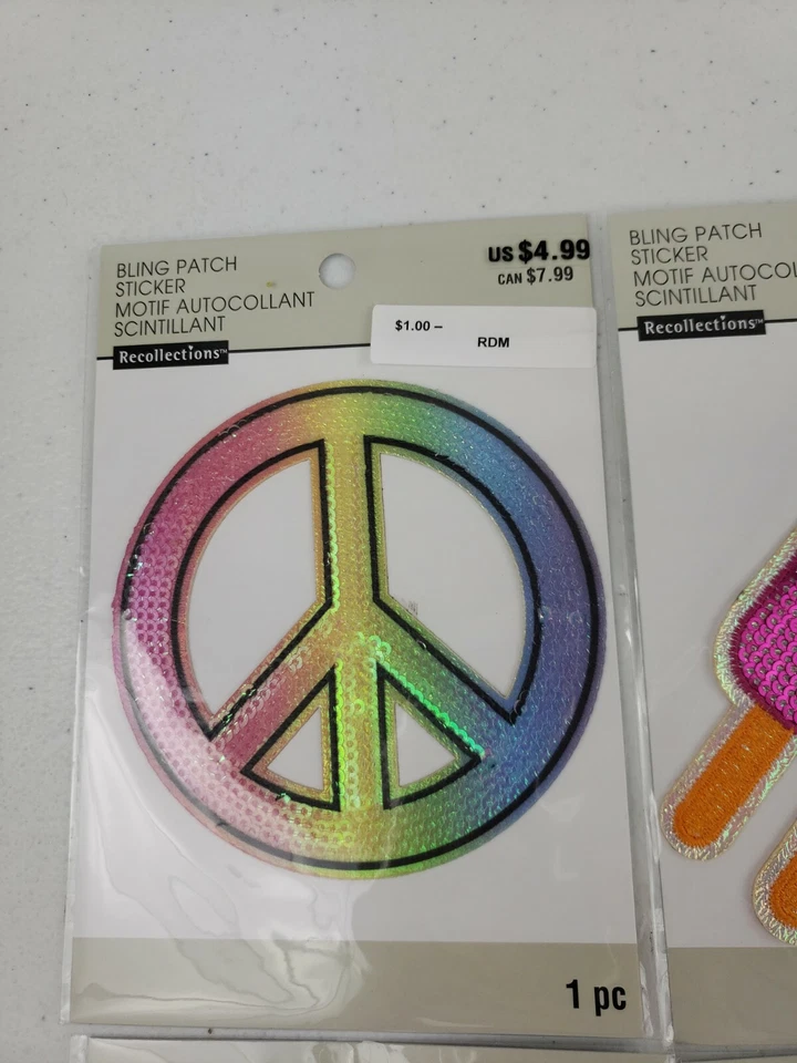LOT OF 6 Bling Patches Stickers Peace Popsicle Dragonfly Cherry Parrot Panda - Image 2 of 4