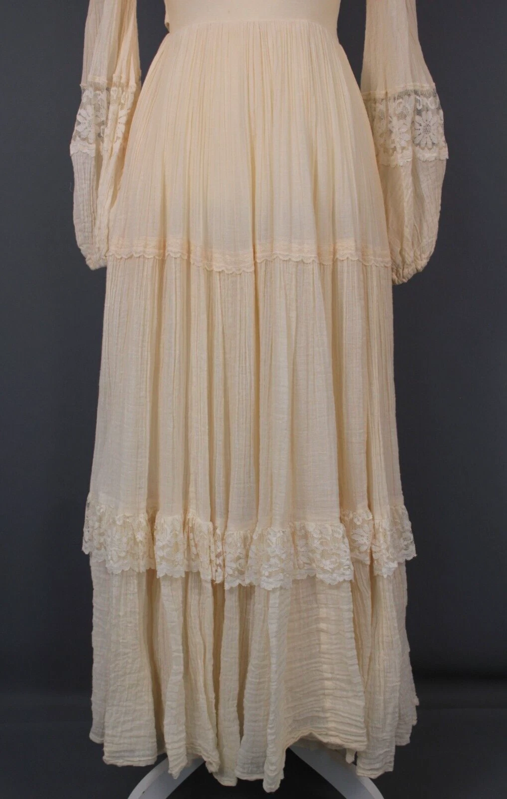 OFF WHITE Maxi abito vintage anni '70 crema sax prairie anni '70 abito da sposa in pizzo bianco sporco