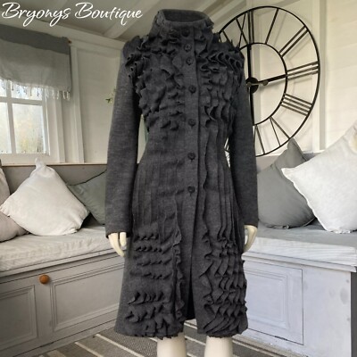 Per Una Speziale Grey Ruffle 100% Wool Tweed Coat Steampunk 14 UK