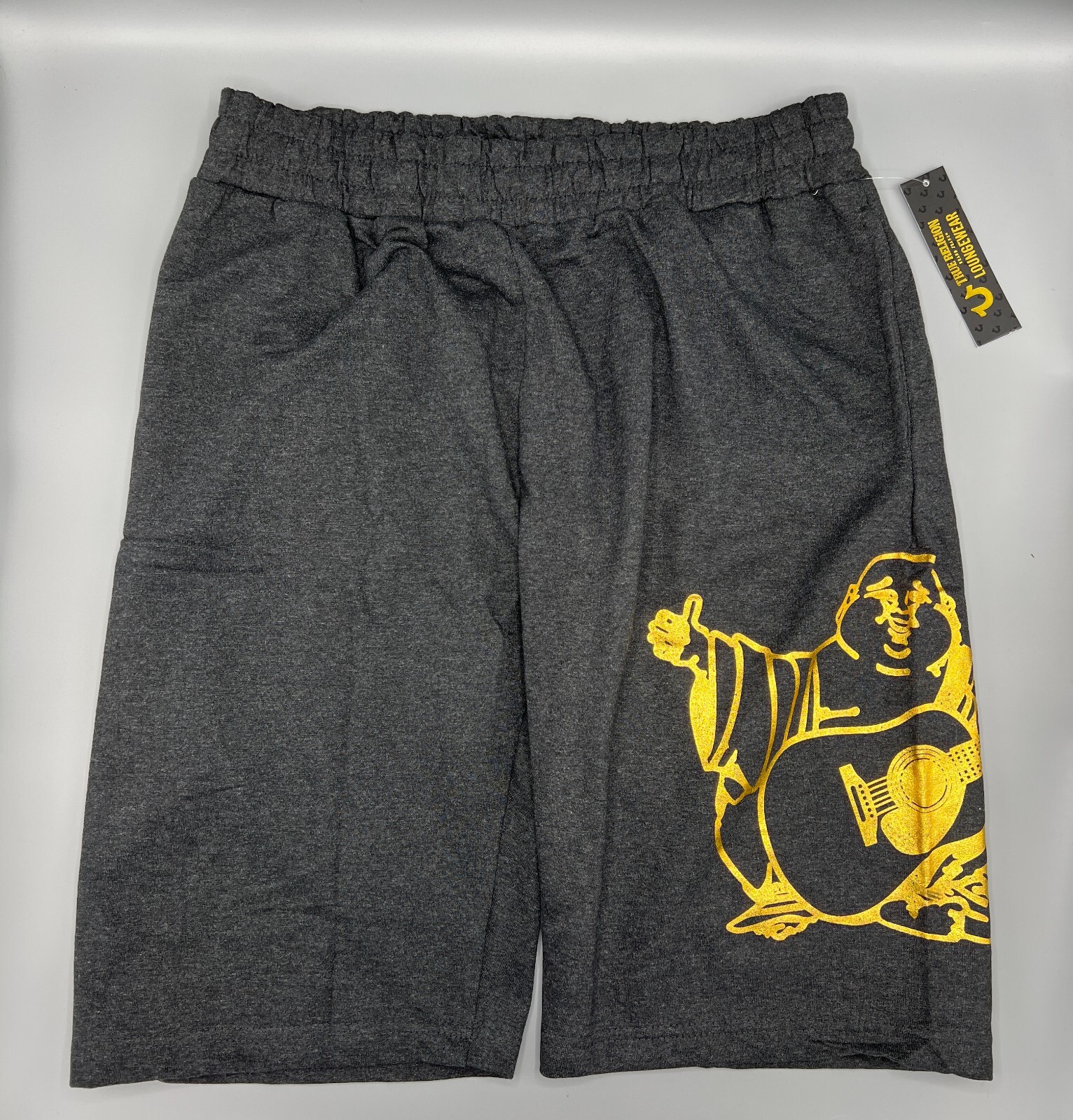 MENS SIZE LARGE TRUE RELIGION CHARCOAL GRAY/GOLD LOUNGE SHORTS W/POCKETS - NWT