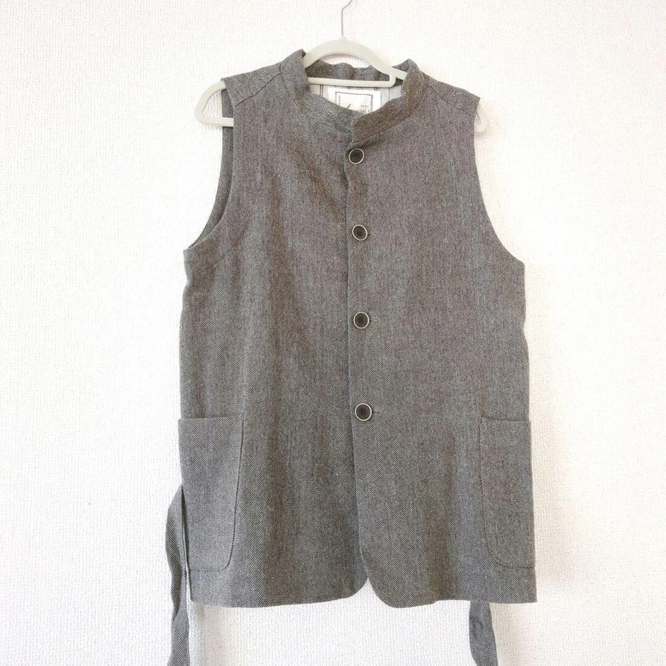 ICHI Antiquites Linen Wool Herringbone Vest Band Collar Gray Used - Image 2 of 4