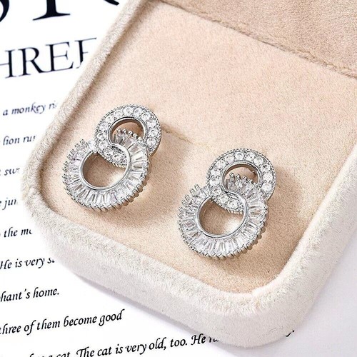 Mujeres Niñas Pendientes Plateados Doble Aro Tachuela Circón Joyería Aniversario - Imagen 10 de 11