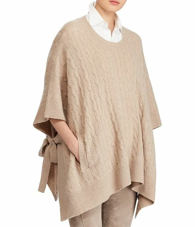 Polo Ralph Lauren Beige Soft Brown Cable Wool Cashmere Blend Tie Side Poncho S