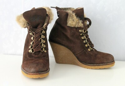 Buffalo London Brown Suede fur Ankle Lace Up Wedge winter boots