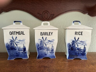 1920 s  Clipper ship Amstel Delft Blue Windmill 3  Canister Set Germany 8 