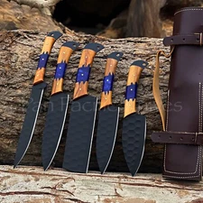 Handmade Hand Forged 5 Pc Steel BBQ Kitchen Chef Knife Set with Leather Sheath