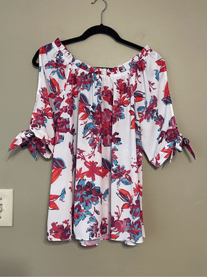 Devlin Womens White Pink Floral Cold Shoulder Off the Shoulder Blouse Medium