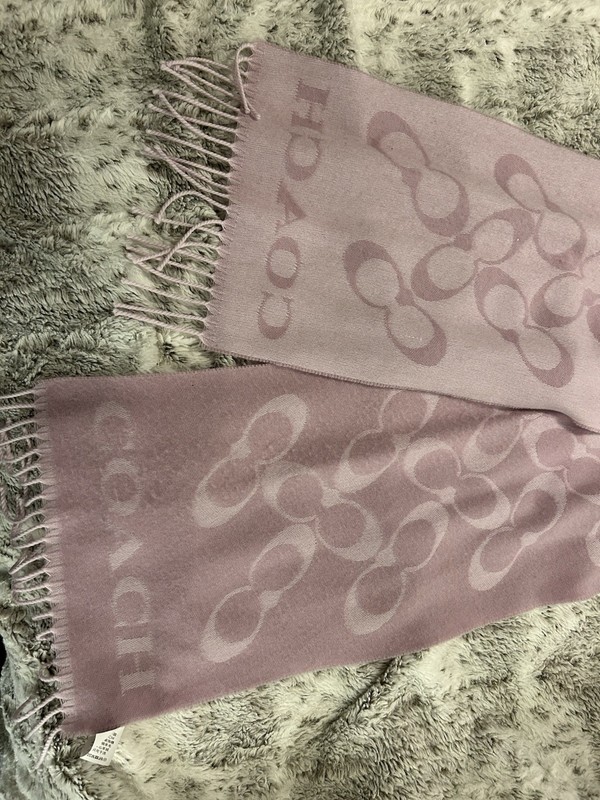 Coach Faded Pink Wool Cashmere Knit Logo Fringe Rectangle Scarf