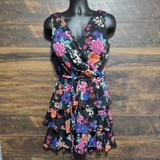 Calvin Klein Dress Size 14 Women Floral Tiered Chiffon Sleeveless V-Neck Ruffle