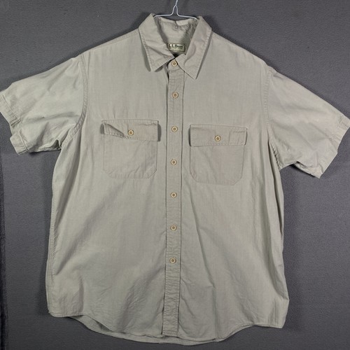 L.L.Bean, Vintage LL Bean Shirt Mens Large Beige Cotton Short Sleeve Button Front USA 90s