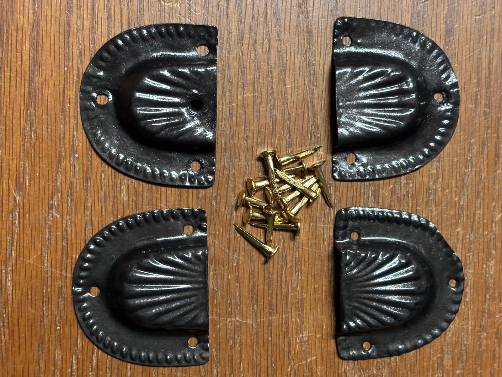 Trunk & Chest Hardware-4 Black original Leather Handle Steel Retainers & Tacks