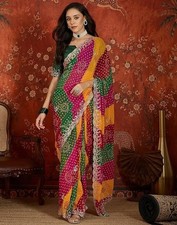 Women's Georgette Bandhani Printed Saree with Mirror Work  Embroidered Border