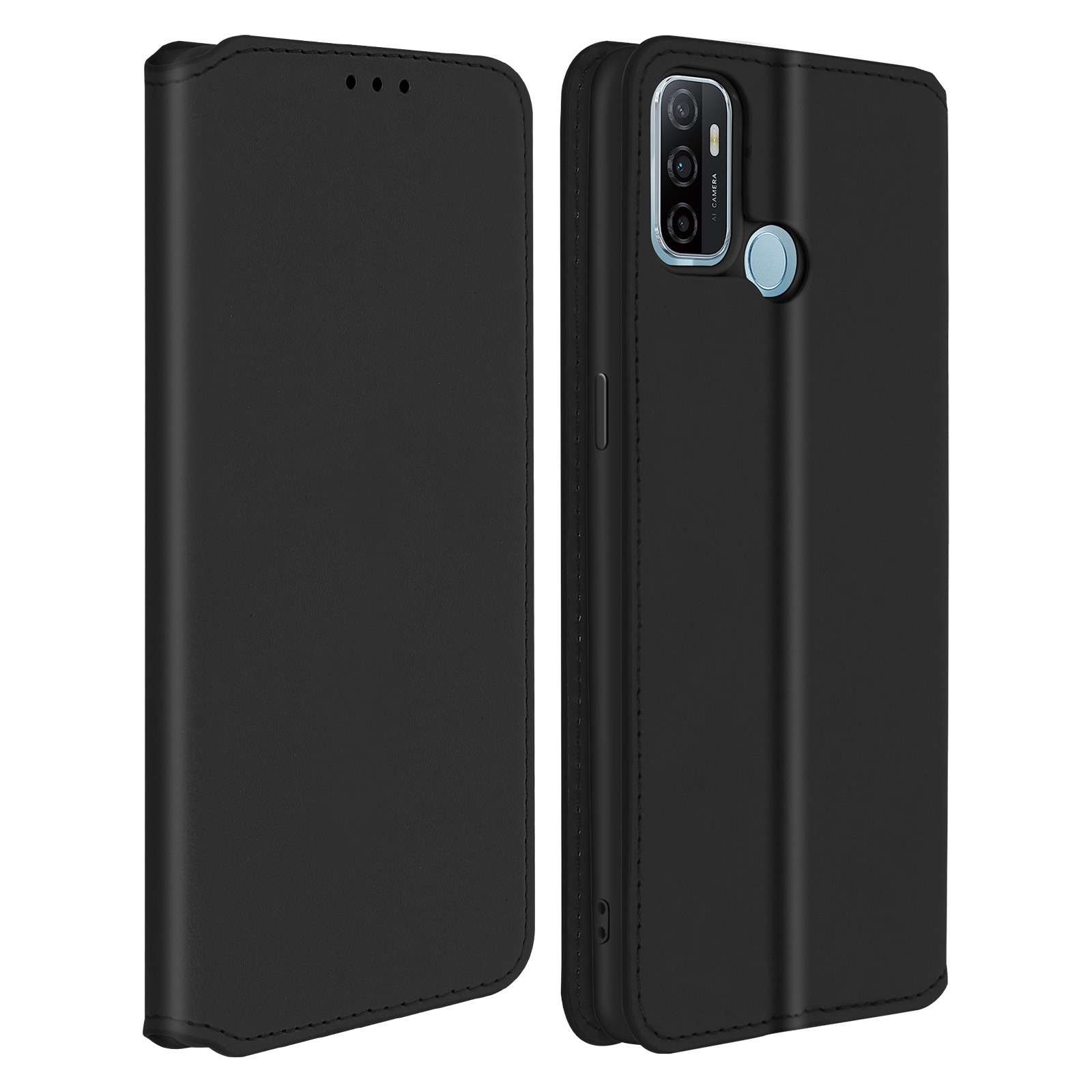 Protection Oppo A53 clapet noir simili cuir lisse antichoc homme femme