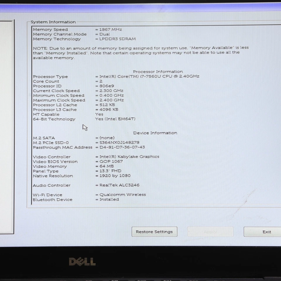 DELL XPS 13 9360 13.3" FHD CORE i7-7560U 8GB 256GB SSD W10 T6-B6 - Image 3 of 4